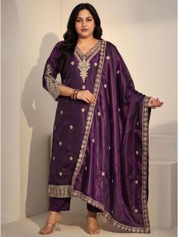 Extra love by Libas - Women Burgundy Embroidered Tissue Kurta and Pant with Dupatta