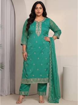 Extra love by Libas - Women Green Embroidered Chinon Kurta and Pant with Dupatta
