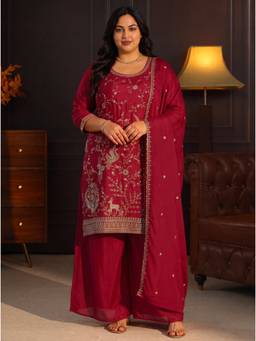 Extra love by Libas - Women Red Embroidered Chinon Kurta and Palazzo with Dupatta