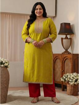 Extra love by Libas - Women Green Embroidered Silk Blend Kurta