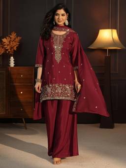 Libas - Women Maroon Embellished/Sequined Chinon Kurta and Palazzo with Dupatta