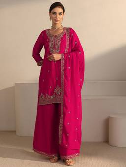 Libas - Women Pink Embroidered Chinon Kurta and Palazzo with Dupatta