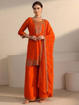 Libas - Women Orange Embroidered Chinon Kurta and Palazzo with Dupatta