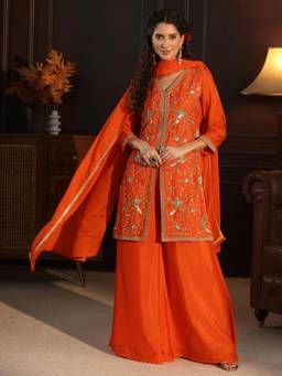 Libas - Women Orange Floral Chinon Kurta and Palazzo with Dupatta