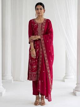 Libas - Women Pink Embroidered Silk Blend Kurta and Pant with Dupatta