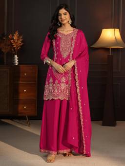Libas - Women Pink Embroidered Chinon Kurta and Palazzo with Dupatta