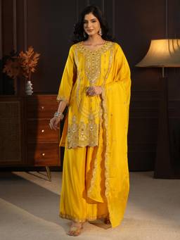 Libas - Women Yellow Embroidered Chinon Kurta and Palazzo with Dupatta