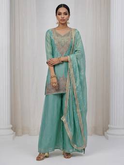 Libas - Women Blue Embroidered Tissue Kurta and Palazzo with Dupatta