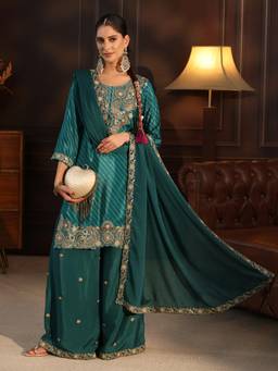 Libas - Women Green Embroidered Chinon Kurta and Palazzo with Dupatta