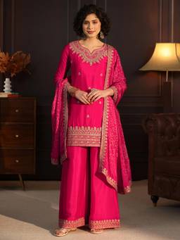 Libas - Women Pink Embroidered Chinon Kurta and Palazzo with Dupatta