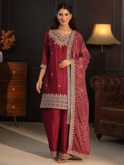 Libas - Women Red Embroidered Chinon Kurta and Palazzo with Dupatta