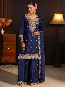 Libas - Women Blue Embroidered Chinon Kurta and Palazzo with Dupatta