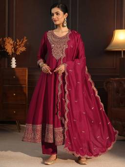 Libas - Women Red Embellished/Sequined Silk Blend Kurta and Pant with Dupatta