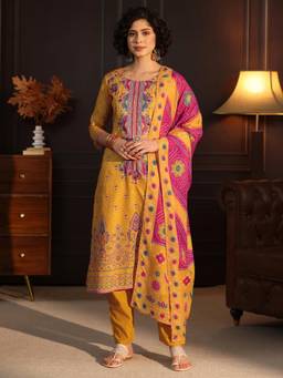 Libas - Women Yellow Printed Cotton Kurta and Pant with Dupatta