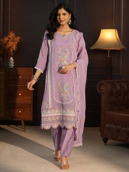 Libas - Women Lavender Embroidered Chanderi Kurta and Pant with Dupatta