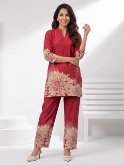 Libas - Women Maroon Floral Silk Blend Co-Ord Set