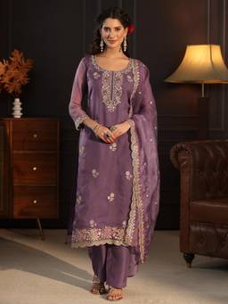 Libas - Women Purple Floral Tissue Kurta and Pant with Dupatta