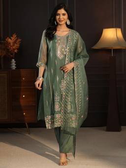 Libas - Women Green Embellished/Sequined Tissue Kurta and Pant with Dupatta