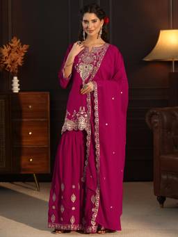 Libas - Women Pink Embroidered Georgette Kurti and Sharara with Dupatta