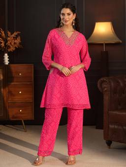 Libas - Women Pink Embroidered Chiffon Co-Ord Set