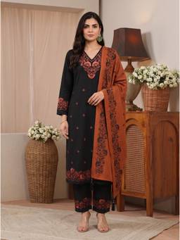 Libas - Women Black Embroidered Wool Blend Kurta and Pant with Dupatta