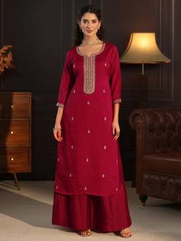 Libas - Women Red Embellished/Sequined Silk Blend Kurta