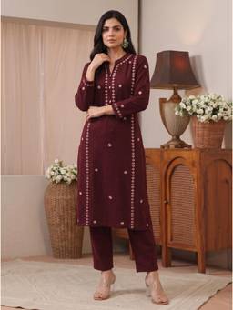 Libas - Women Maroon Floral Wool Kurta