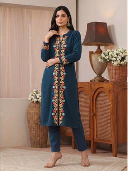 Libas - Women Teal Embroidered Wool Kurta