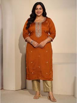 Extra love by Libas - Women Rust Embroidered Silk Blend Kurta