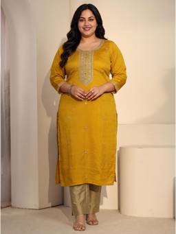 Extra love by Libas - Women Mustard Embroidered Silk Blend Kurta