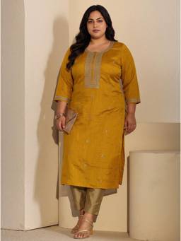 Extra love by Libas - Women Mustard Embroidered Silk Blend Kurta
