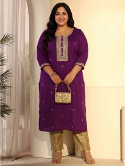 Extra love by Libas - Women Purple Embroidered Silk Blend Kurta