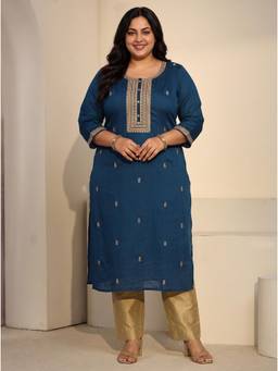 Extra love by Libas - Women Teal Embroidered Silk Blend Kurta