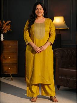 Extra love by Libas - Women Mustard Embroidered Silk Blend Kurta