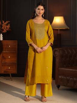 Libas - Women Mustard Embroidered Silk Blend Kurta