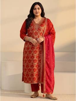 Extra love by Libas - Women Orange Floral Silk Blend Kurta and Pant with Dupatta