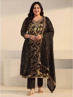 Extra love by Libas - Women Black Floral Silk Blend Kurta and Pant with Dupatta