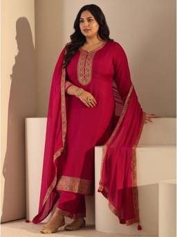 Extra love by Libas - Women Pink Floral Chinon Kurta and Pant with Dupatta