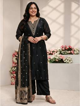 Extra love by Libas - Women Black Embroidered Silk Blend Kurta and Pant with Dupatta