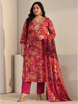 Extra love by Libas - Women Pink Printed Cotton Blend Kurta and Pant with Dupatta