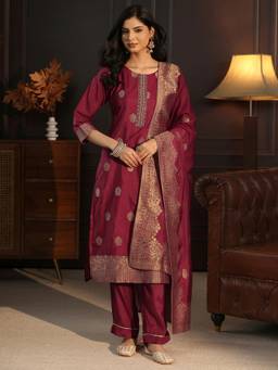 Libas - Women Maroon Embellished/Sequined Chanderi Kurta and Pant with Dupatta