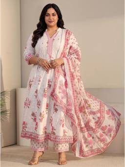 Extra love by Libas - Women White Printed Cotton Kurta and Pant with Dupatta