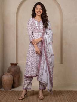Libas - Women White Printed Cotton Blend Kurta and Pant with Dupatta