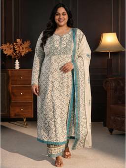Extra love by Libas - Women White Printed Cotton Kurta and Pant with Dupatta