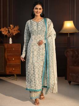 Libas - Women White Printed Cotton Kurta and Pant with Dupatta