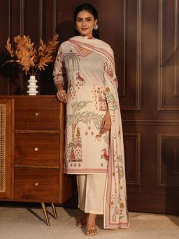 Libas - Women Cream Printed Cotton Kurta and Pant with Dupatta