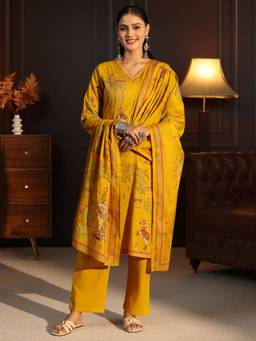Libas - Women Mustard Printed Cotton Kurta and Pant with Dupatta