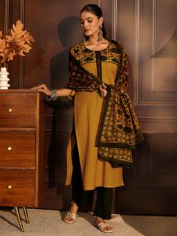 Libas - Women Mustard Printed Cotton Blend Kurta and Pant with Dupatta