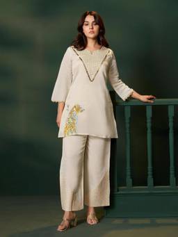 Autumnlane - Women Beige Embellished/Sequined Chanderi Kurta with Pant