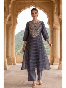 Aurelia - Women Navy Blue Embroidered Polyester Kurta